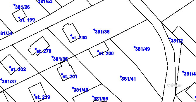 Parcela st. 200 v KÚ Jabkenice, Katastrální mapa