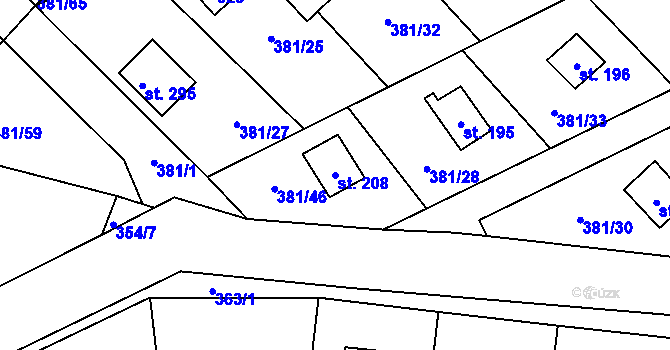 Parcela st. 208 v KÚ Jabkenice, Katastrální mapa