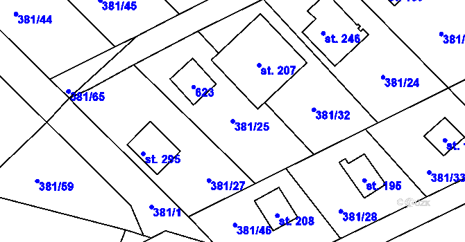 Parcela st. 381/25 v KÚ Jabkenice, Katastrální mapa