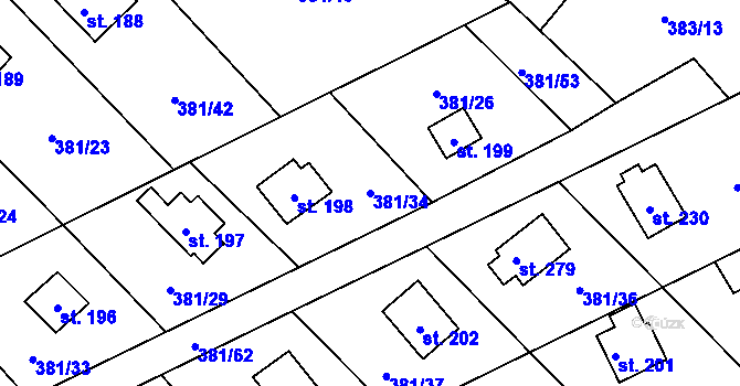 Parcela st. 381/34 v KÚ Jabkenice, Katastrální mapa