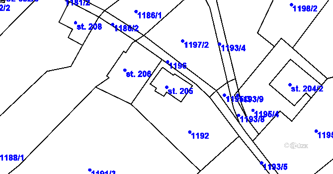 Parcela st. 205 v KÚ Buřany, Katastrální mapa