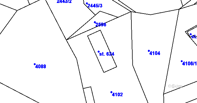 Parcela st. 624 v KÚ Buřany, Katastrální mapa