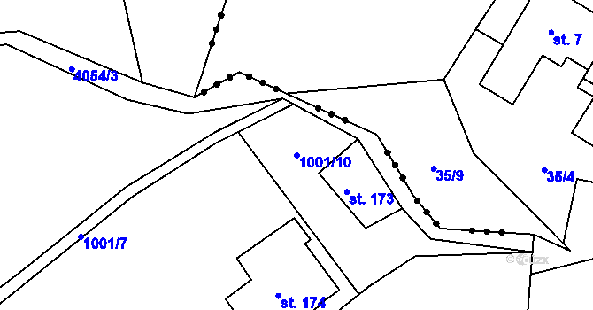 Parcela st. 1001/10 v KÚ Buřany, Katastrální mapa