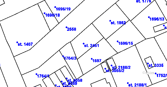 Parcela st. 2451 v KÚ Jablonec nad Nisou, Katastrální mapa