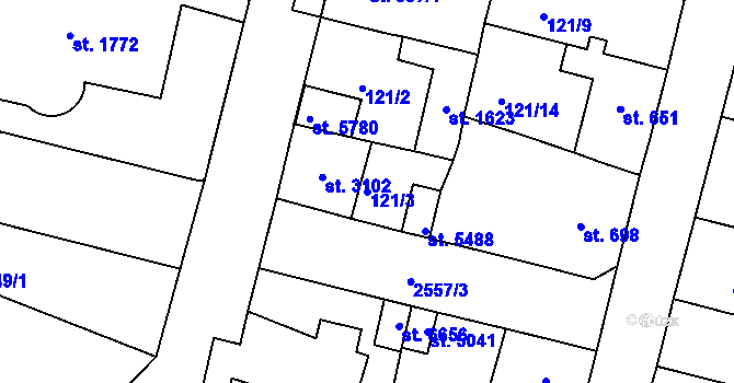 Parcela st. 121/3 v KÚ Jablonec nad Nisou, Katastrální mapa