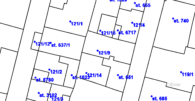 Parcela st. 121/9 v KÚ Jablonec nad Nisou, Katastrální mapa