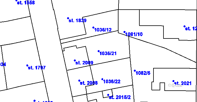 Parcela st. 1036/21 v KÚ Jablonec nad Nisou, Katastrální mapa