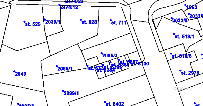 Parcela st. 2086/3 v KÚ Jablonec nad Nisou, Katastrální mapa