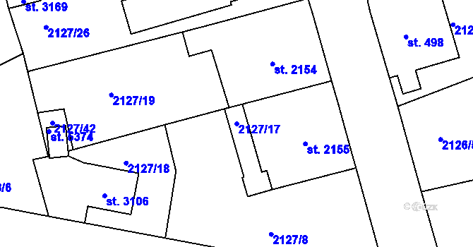 Parcela st. 2127/17 v KÚ Jablonec nad Nisou, Katastrální mapa