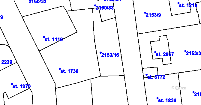 Parcela st. 2153/16 v KÚ Jablonec nad Nisou, Katastrální mapa