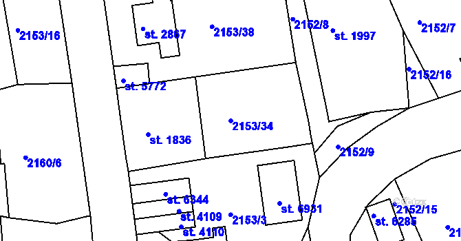 Parcela st. 2153/34 v KÚ Jablonec nad Nisou, Katastrální mapa
