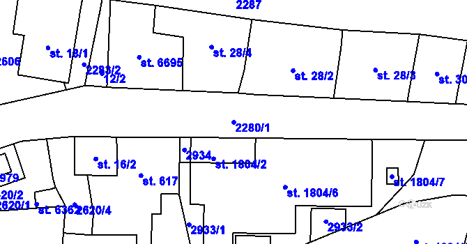 Parcela st. 2280/1 v KÚ Jablonec nad Nisou, Katastrální mapa