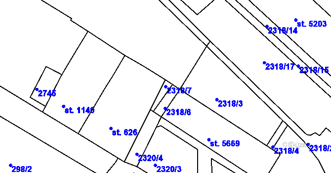 Parcela st. 2318/7 v KÚ Jablonec nad Nisou, Katastrální mapa