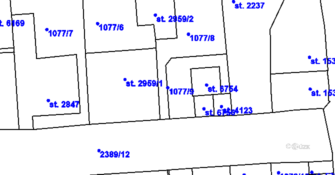 Parcela st. 1077/9 v KÚ Jablonec nad Nisou, Katastrální mapa
