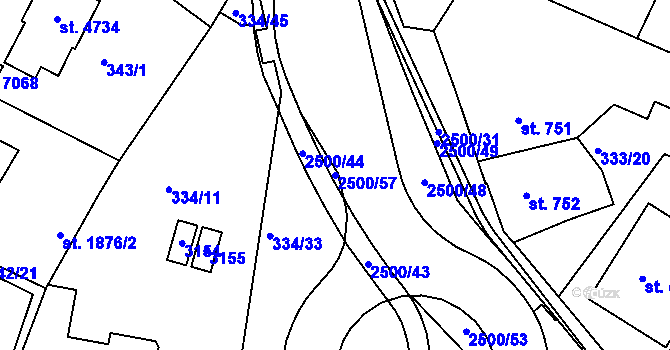 Parcela st. 2500/57 v KÚ Jablonec nad Nisou, Katastrální mapa