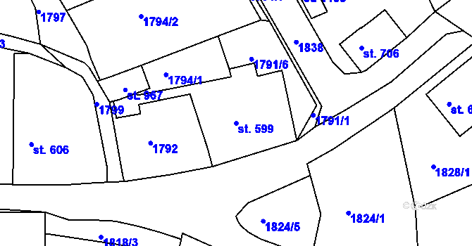 Parcela st. 599 v KÚ Jablonecké Paseky, Katastrální mapa