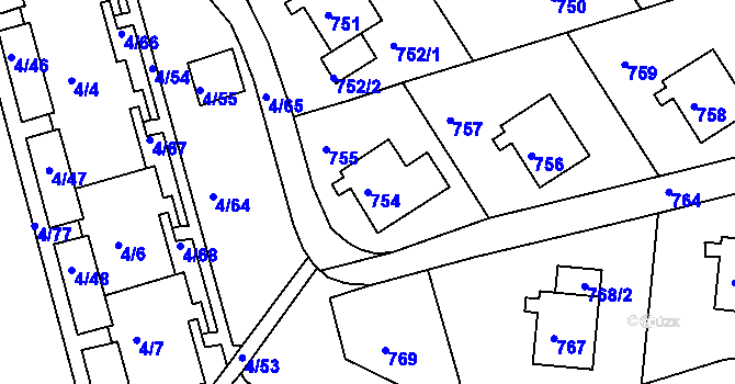Parcela st. 754 v KÚ Mšeno nad Nisou, Katastrální mapa
