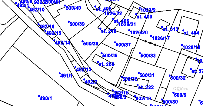 Parcela st. 500/36 v KÚ Jablonná nad Vltavou, Katastrální mapa
