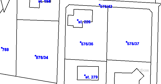 Parcela st. 576/36 v KÚ Jablonná nad Vltavou, Katastrální mapa