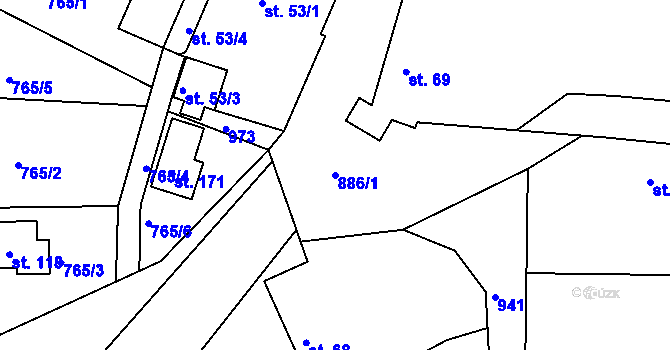 Parcela st. 886/1 v KÚ Jablonná nad Vltavou, Katastrální mapa