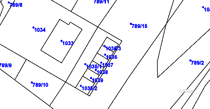 Parcela st. 1036 v KÚ Jablůnka, Katastrální mapa