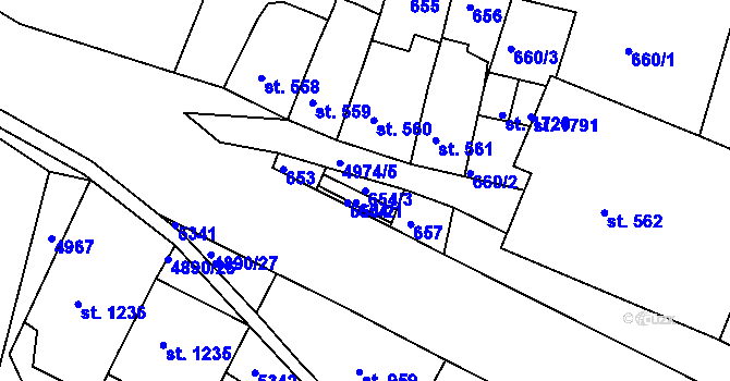 Parcela st. 654/3 v KÚ Jáchymov, Katastrální mapa