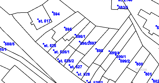 Parcela st. 596/2 v KÚ Jáchymov, Katastrální mapa