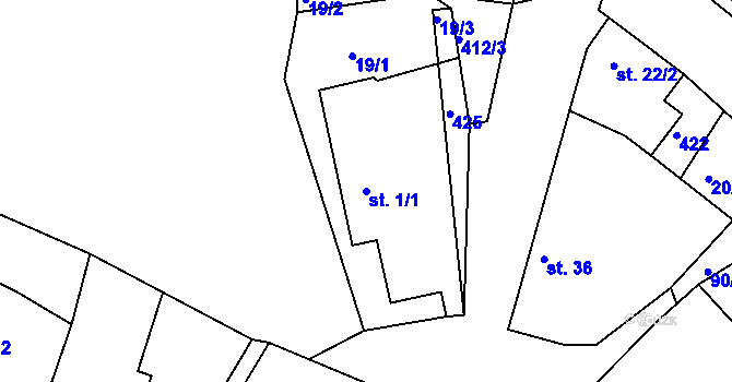 Parcela st. 1/1 v KÚ Kozašice, Katastrální mapa