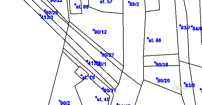 Parcela st. 90/27 v KÚ Kozašice, Katastrální mapa