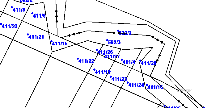 Parcela st. 411/27 v KÚ Šelešovice, Katastrální mapa