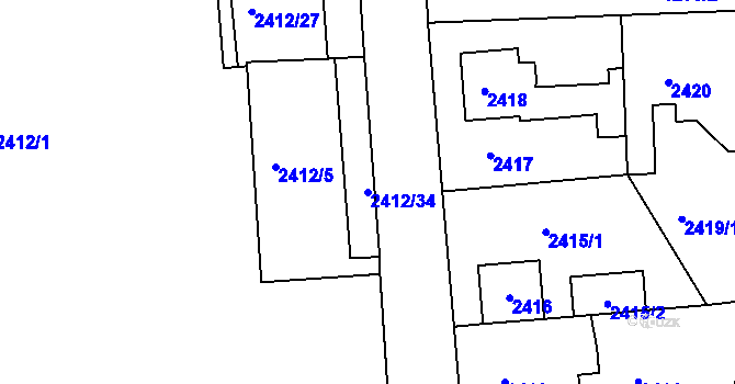 Parcela st. 2412/34 v KÚ Jaroměř, Katastrální mapa
