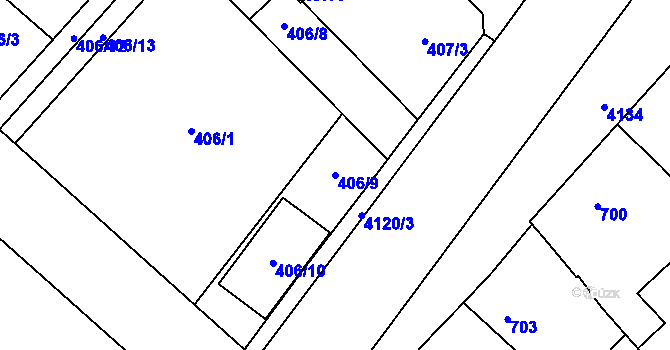 Parcela st. 406/9 v KÚ Jaroměř, Katastrální mapa