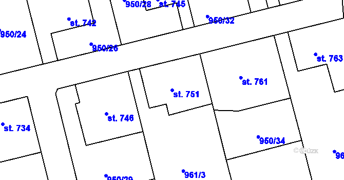 Parcela st. 751 v KÚ Jezbiny, Katastrální mapa