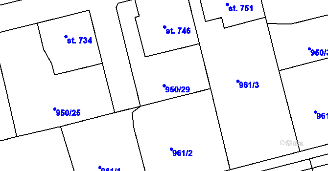 Parcela st. 950/29 v KÚ Jezbiny, Katastrální mapa