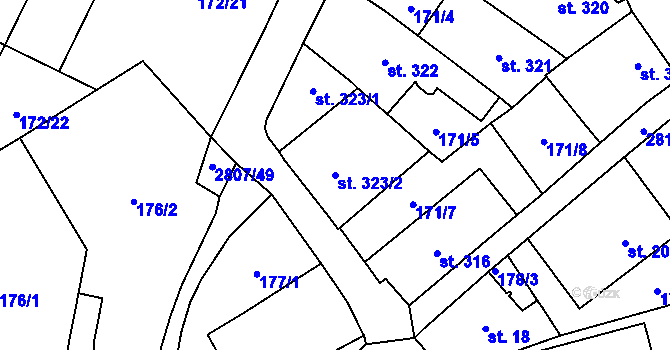 Parcela st. 323/2 v KÚ Jaroměřice, Katastrální mapa