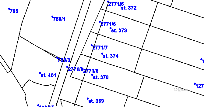Parcela st. 374 v KÚ Jaroměřice, Katastrální mapa