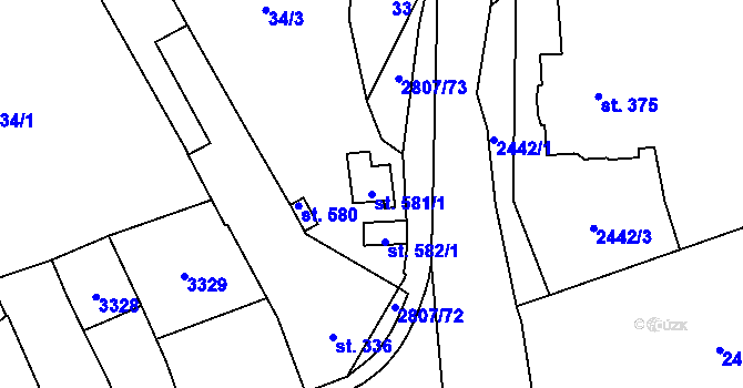 Parcela st. 581/1 v KÚ Jaroměřice, Katastrální mapa