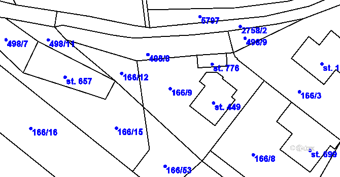 Parcela st. 166/9 v KÚ Jaroměřice, Katastrální mapa