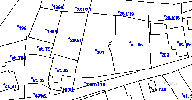 Parcela st. 201 v KÚ Jaroměřice, Katastrální mapa
