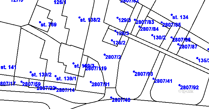 Parcela st. 2807/2 v KÚ Jaroměřice, Katastrální mapa