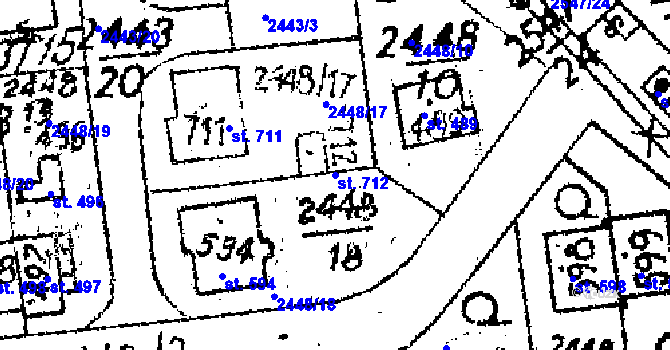 Parcela st. 712 v KÚ Jaroměřice, Katastrální mapa