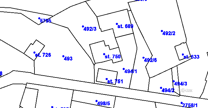 Parcela st. 750 v KÚ Jaroměřice, Katastrální mapa