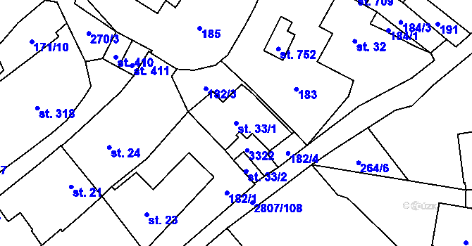 Parcela st. 33/1 v KÚ Jaroměřice, Katastrální mapa