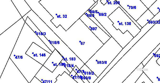 Parcela st. 67 v KÚ Jaroslav, Katastrální mapa