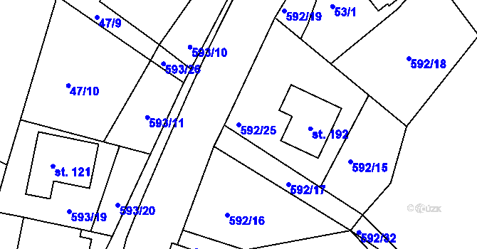 Parcela st. 592/25 v KÚ Jaroslav, Katastrální mapa