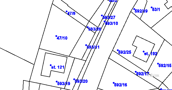 Parcela st. 593/11 v KÚ Jaroslav, Katastrální mapa