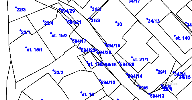 Parcela st. 594/28 v KÚ Jaroslav, Katastrální mapa