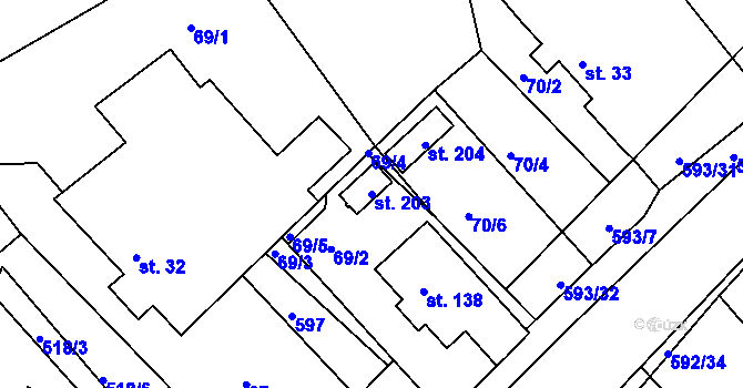 Parcela st. 203 v KÚ Jaroslav, Katastrální mapa