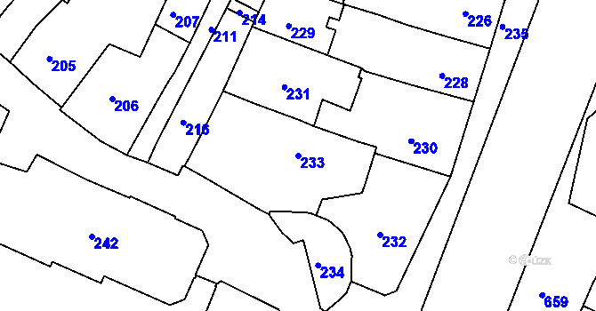 Parcela st. 233 v KÚ Jemnice, Katastrální mapa