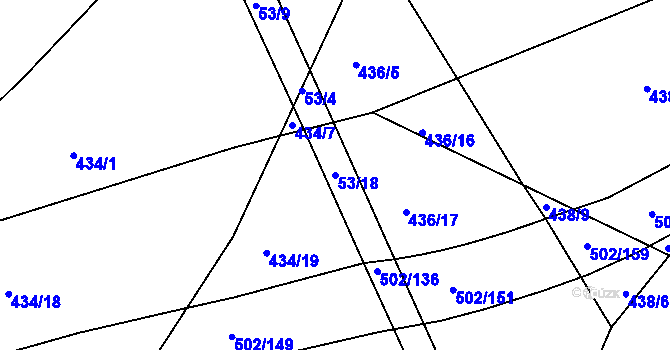 Parcela st. 53/18 v KÚ Hory u Jenišova, Katastrální mapa
